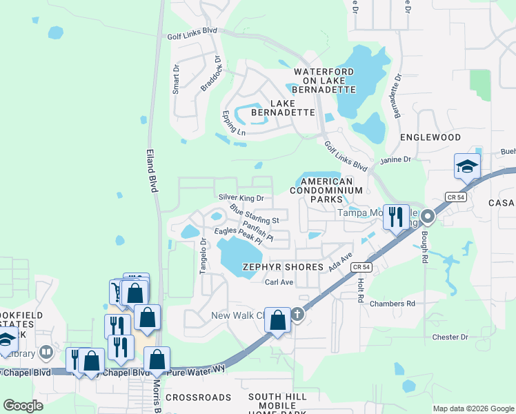 map of restaurants, bars, coffee shops, grocery stores, and more near Lark Haven Place in Zephyrhills