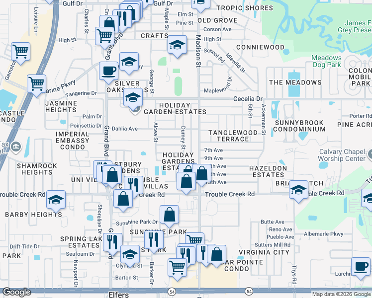 map of restaurants, bars, coffee shops, grocery stores, and more near 4746 Daphne Street in New Port Richey