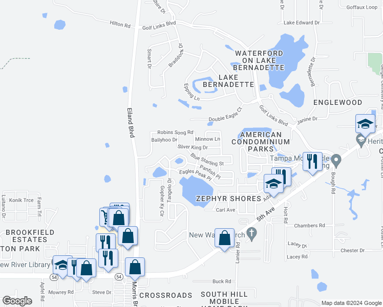 map of restaurants, bars, coffee shops, grocery stores, and more near Blue Starling Street in Pasco County
