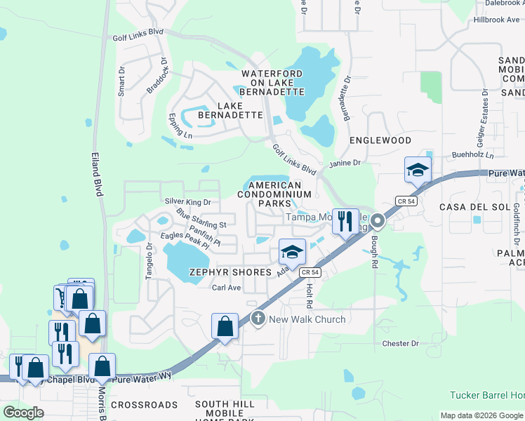 map of restaurants, bars, coffee shops, grocery stores, and more near 35109 Garber Lane in Zephyrhills