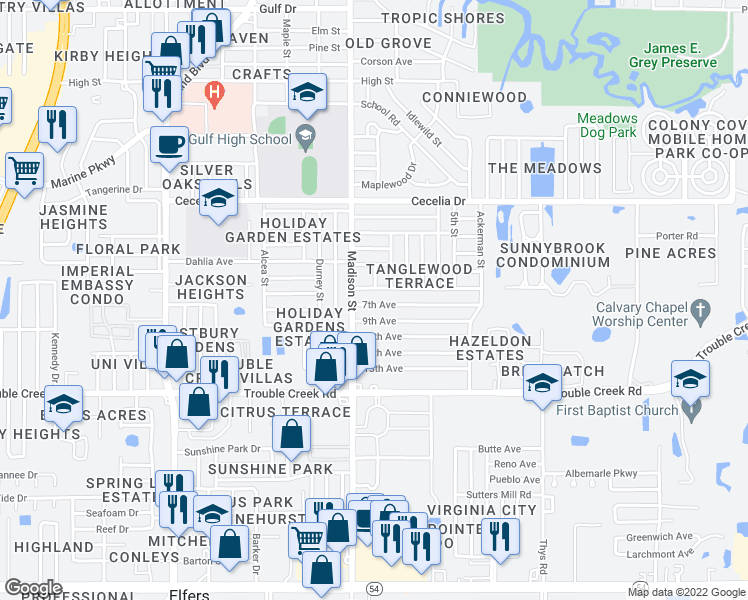 map of restaurants, bars, coffee shops, grocery stores, and more near 6033 7th Avenue in New Port Richey