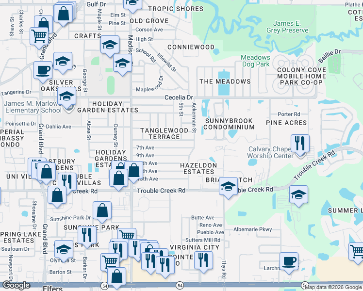 map of restaurants, bars, coffee shops, grocery stores, and more near 4748 Fleetwood Street in New Port Richey