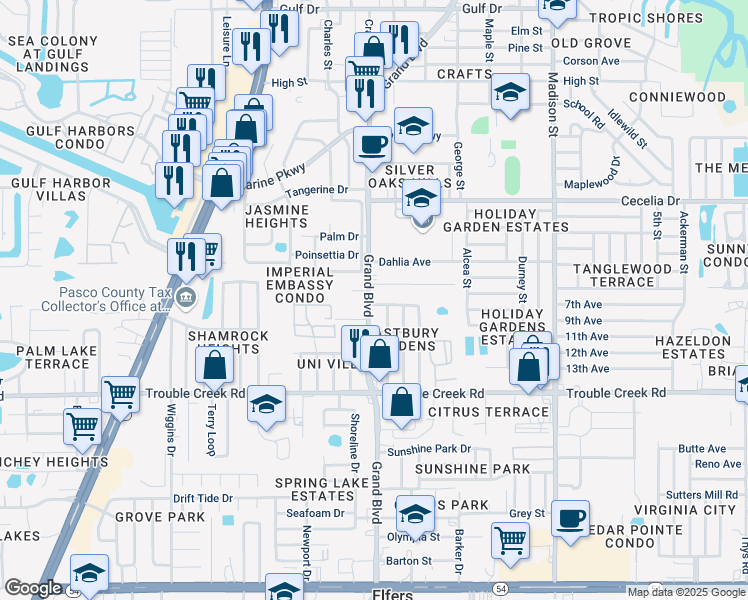 map of restaurants, bars, coffee shops, grocery stores, and more near 4743 Grand Boulevard in New Port Richey