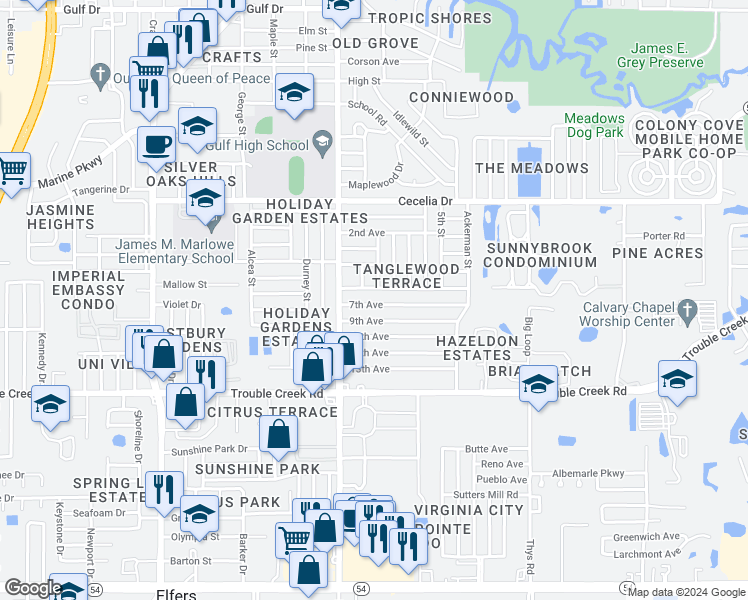 map of restaurants, bars, coffee shops, grocery stores, and more near 6051 7th Avenue in New Port Richey