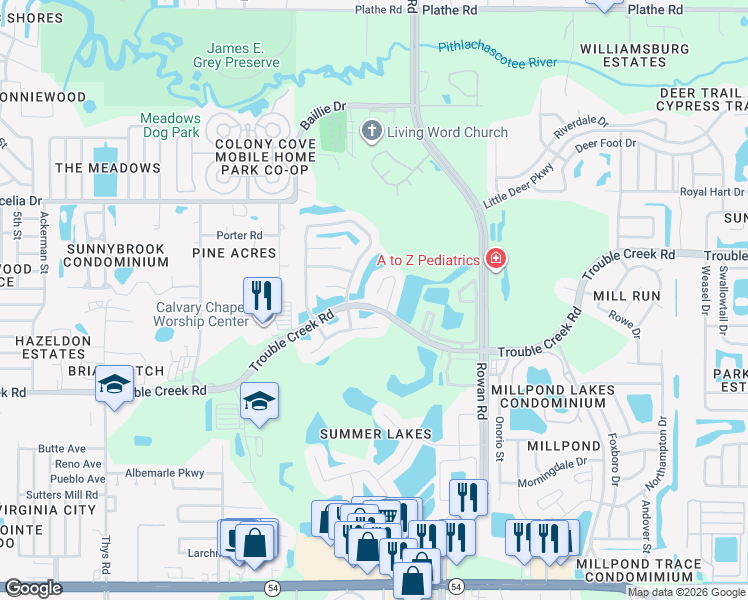 map of restaurants, bars, coffee shops, grocery stores, and more near 4752 Wolfram Lane in New Port Richey