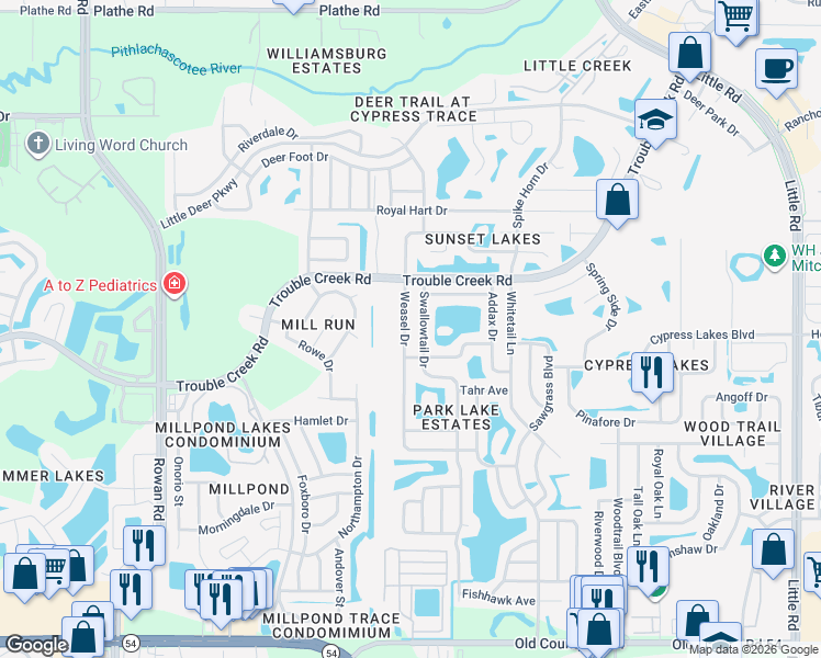 map of restaurants, bars, coffee shops, grocery stores, and more near 4745 Weasel Drive in New Port Richey