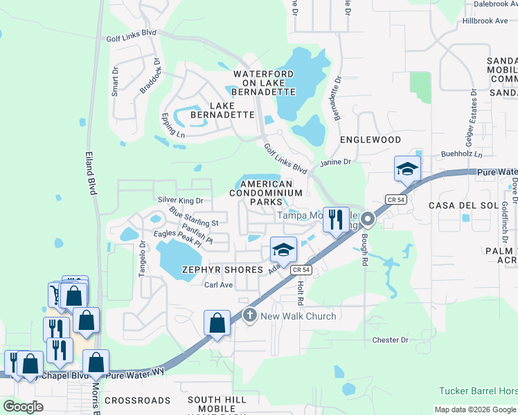 map of restaurants, bars, coffee shops, grocery stores, and more near 35109 Garber Lane in Zephyrhills