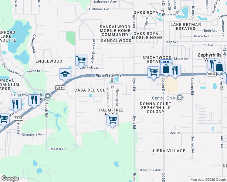 map of restaurants, bars, coffee shops, grocery stores, and more near 4925 Goldfinch Drive in Zephyrhills