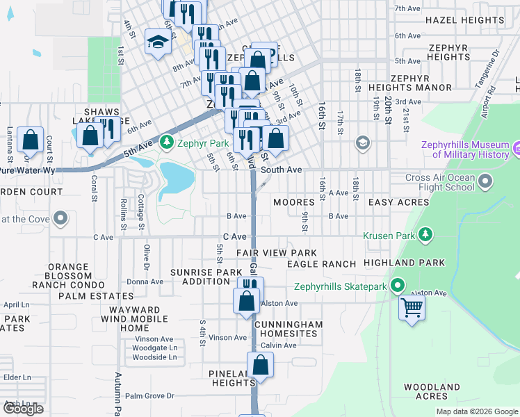 map of restaurants, bars, coffee shops, grocery stores, and more near 4830 Gall Boulevard in Zephyrhills