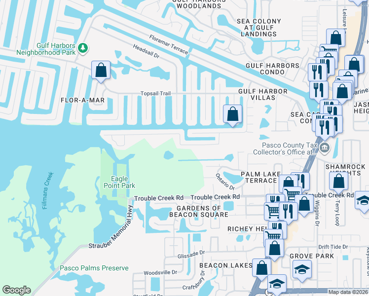 map of restaurants, bars, coffee shops, grocery stores, and more near 4311 Rudder Way in New Port Richey