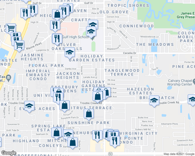 map of restaurants, bars, coffee shops, grocery stores, and more near 4726 Durney Street in New Port Richey