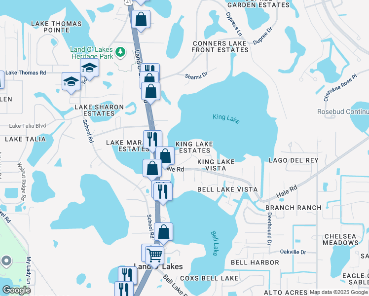 map of restaurants, bars, coffee shops, grocery stores, and more near 21864 Pineywood Drive in Land O' Lakes