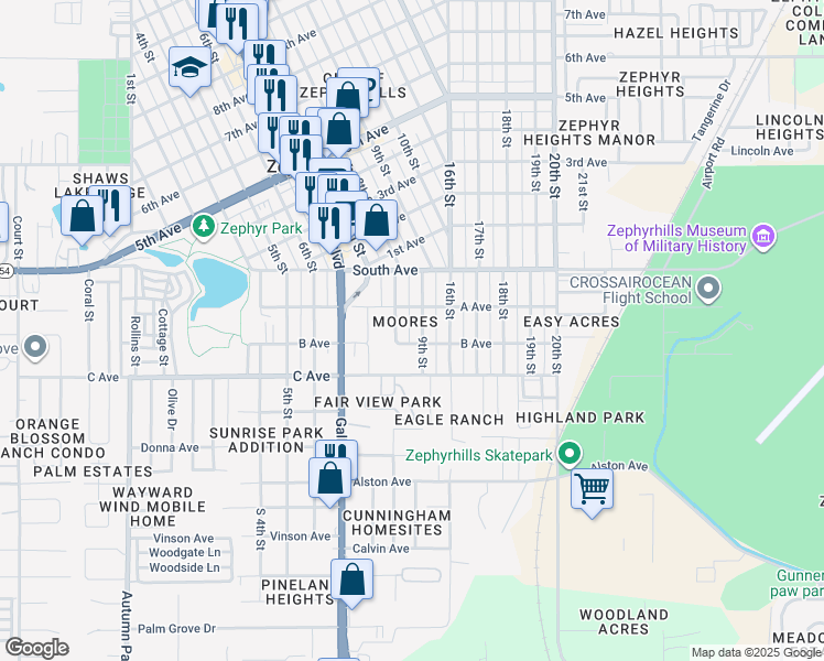 map of restaurants, bars, coffee shops, grocery stores, and more near 4900 8th Street in Zephyrhills