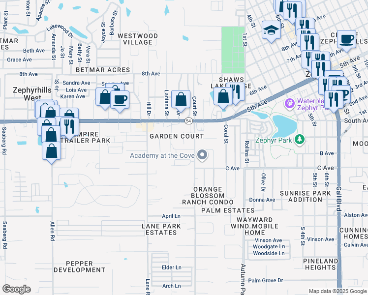 map of restaurants, bars, coffee shops, grocery stores, and more near 4901 Garden Street in Zephyrhills