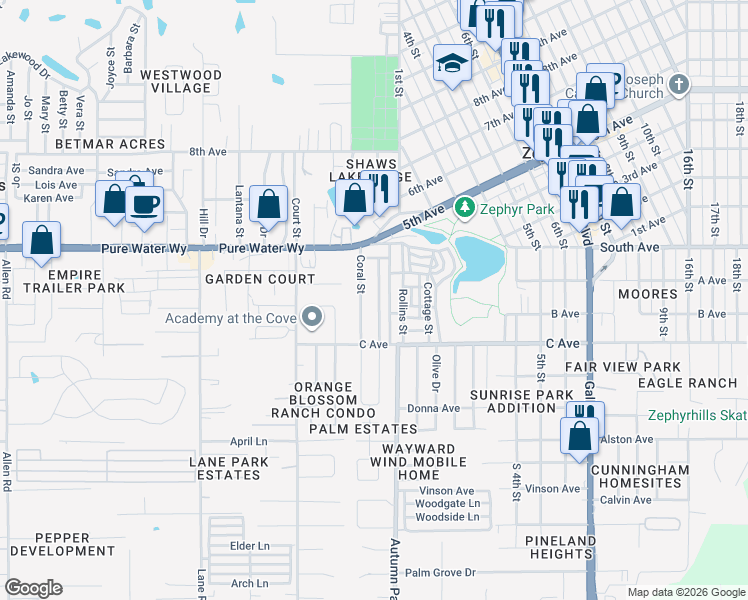 map of restaurants, bars, coffee shops, grocery stores, and more near 4833 Rollins Street in Zephyrhills