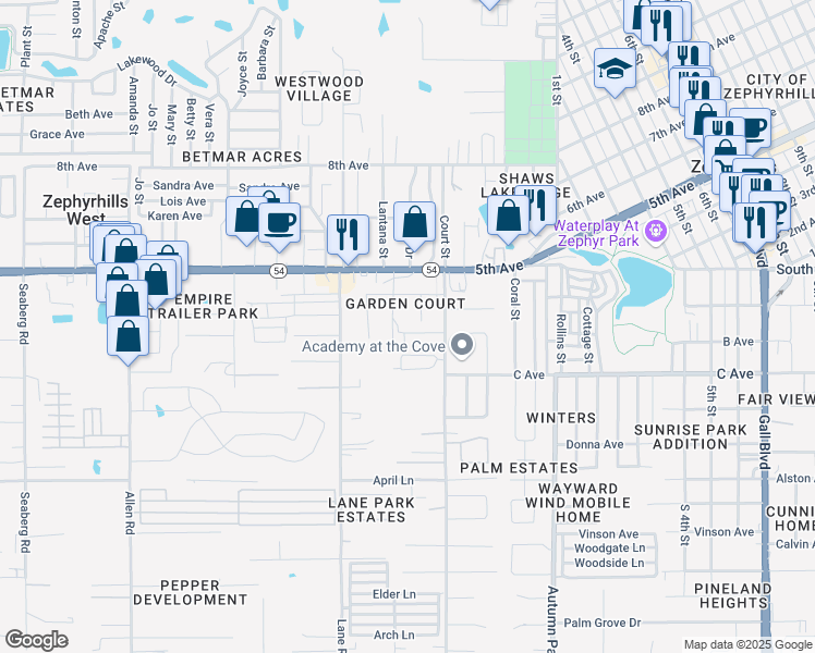map of restaurants, bars, coffee shops, grocery stores, and more near 4901 Garden Street in Zephyrhills