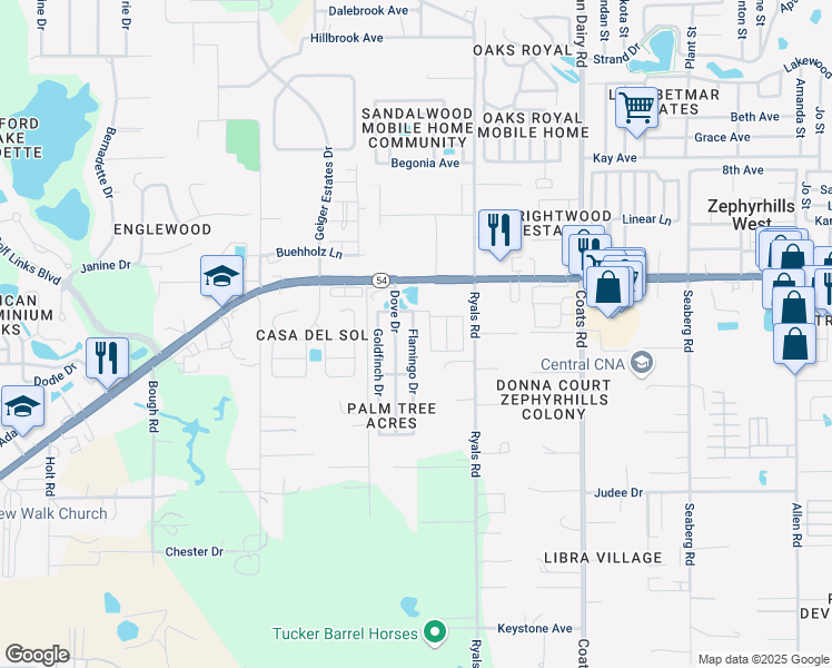 map of restaurants, bars, coffee shops, grocery stores, and more near 4740-4998 Flamingo Drive in Zephyrhills