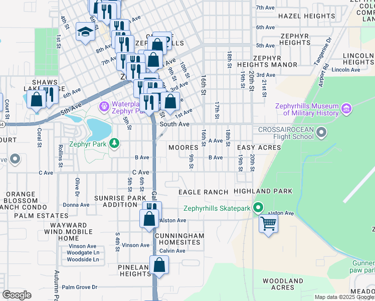 map of restaurants, bars, coffee shops, grocery stores, and more near 4835 9th Street in Zephyrhills