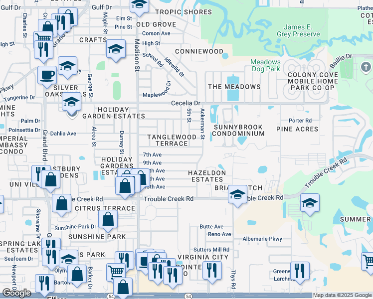 map of restaurants, bars, coffee shops, grocery stores, and more near 6230 6th Avenue in New Port Richey