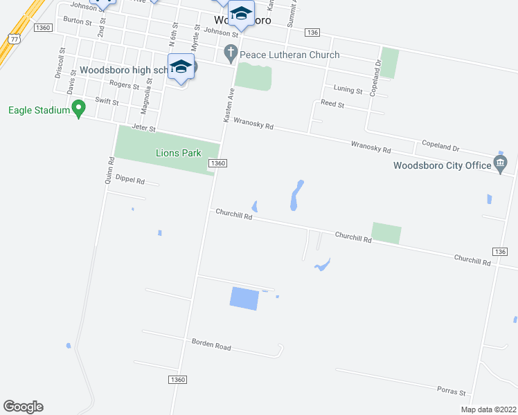 map of restaurants, bars, coffee shops, grocery stores, and more near 115 Churchill Road in Woodsboro