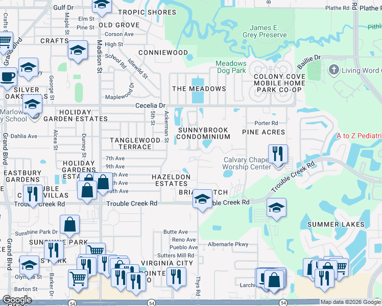 map of restaurants, bars, coffee shops, grocery stores, and more near 6509 Spring Flower Drive in New Port Richey