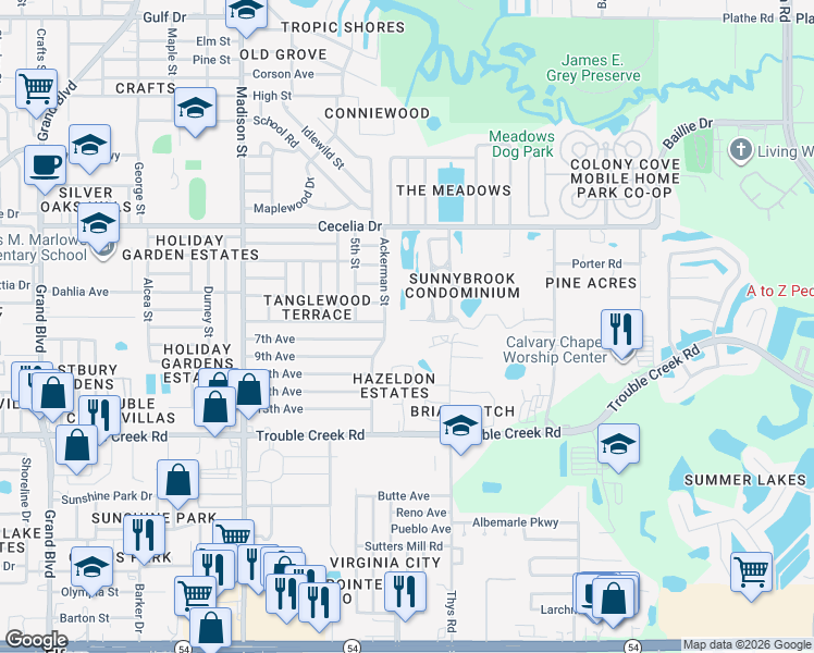 map of restaurants, bars, coffee shops, grocery stores, and more near 4739 Myrtle Oak Drive in New Port Richey