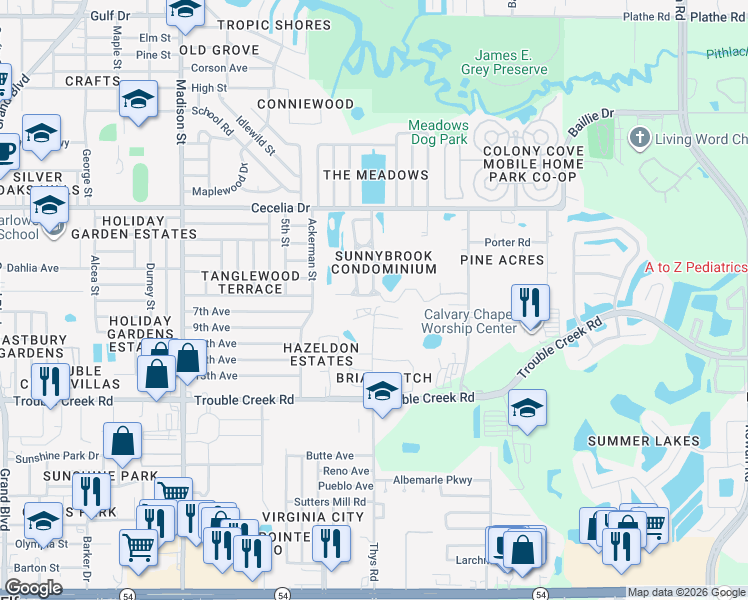 map of restaurants, bars, coffee shops, grocery stores, and more near 6509 Spring Flower Drive in New Port Richey