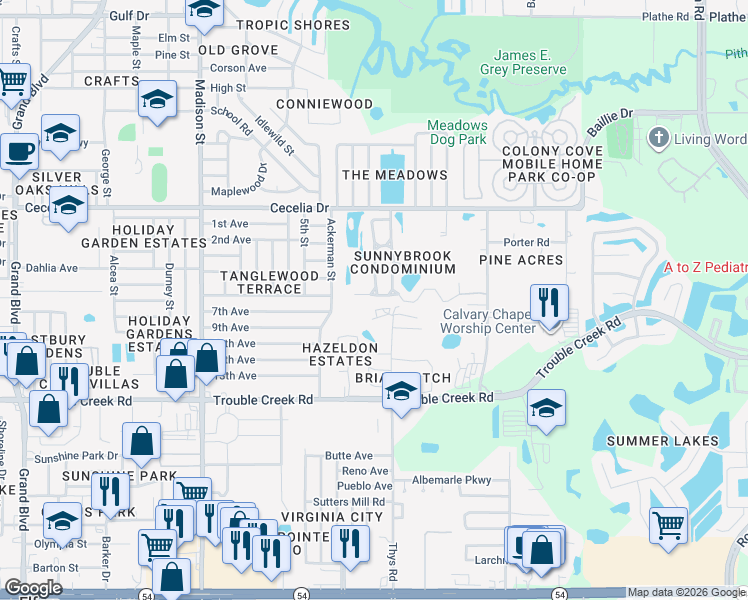 map of restaurants, bars, coffee shops, grocery stores, and more near 4739 Myrtle Oak Drive in New Port Richey
