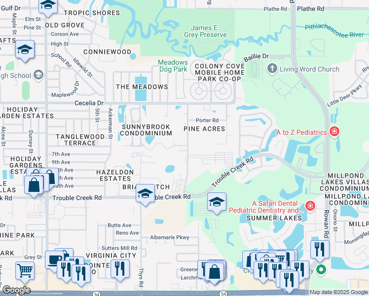map of restaurants, bars, coffee shops, grocery stores, and more near 6700 Spring Flower Drive in New Port Richey