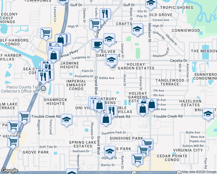 map of restaurants, bars, coffee shops, grocery stores, and more near 5553 Mallow Street in New Port Richey