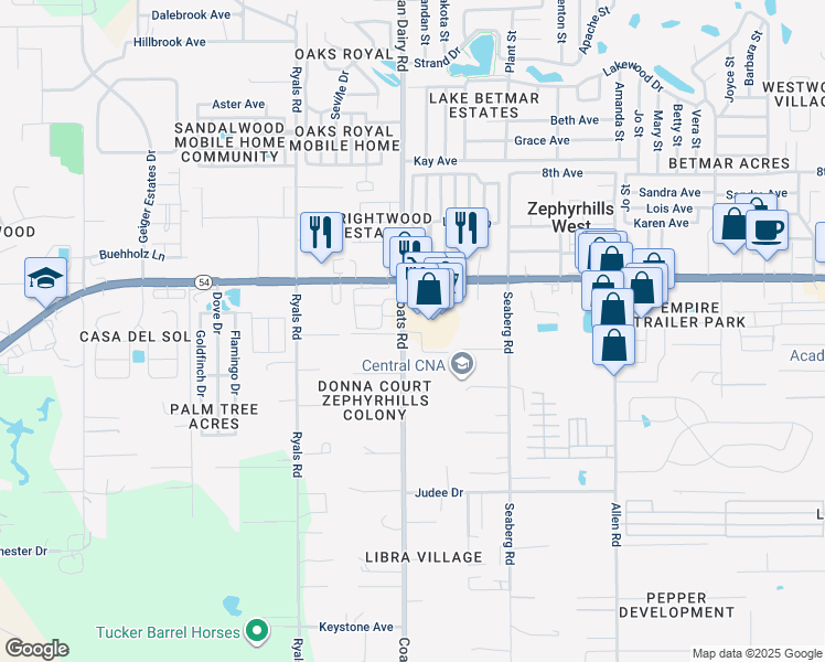 map of restaurants, bars, coffee shops, grocery stores, and more near 36603 Celebration Lane in Zephyrhills