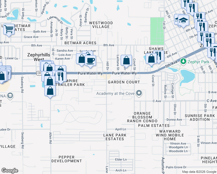 map of restaurants, bars, coffee shops, grocery stores, and more near 37439 Hammond Drive in Zephyrhills