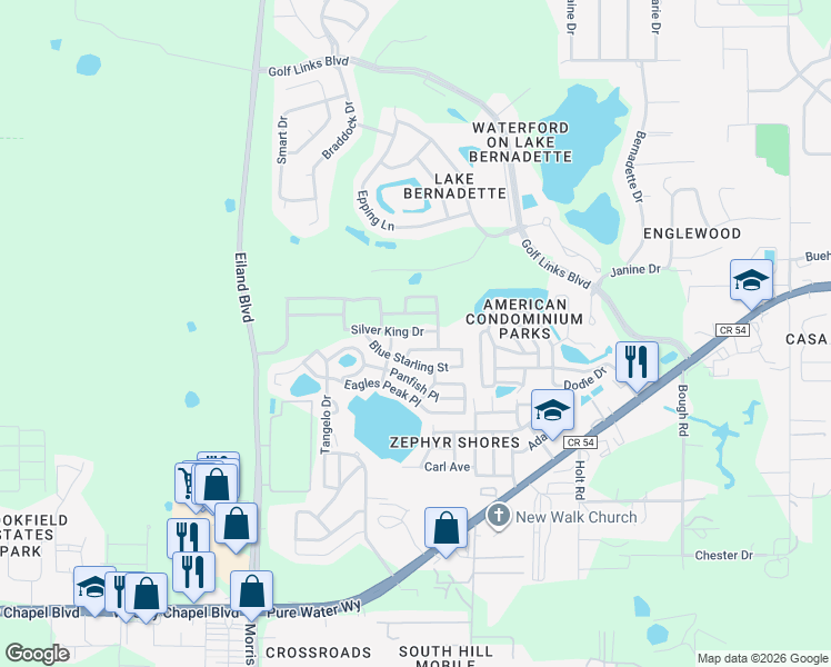 map of restaurants, bars, coffee shops, grocery stores, and more near Lark Haven Place in Zephyrhills