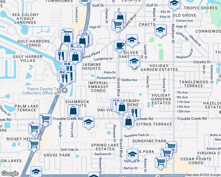 map of restaurants, bars, coffee shops, grocery stores, and more near 5410 Pasadena Drive in New Port Richey