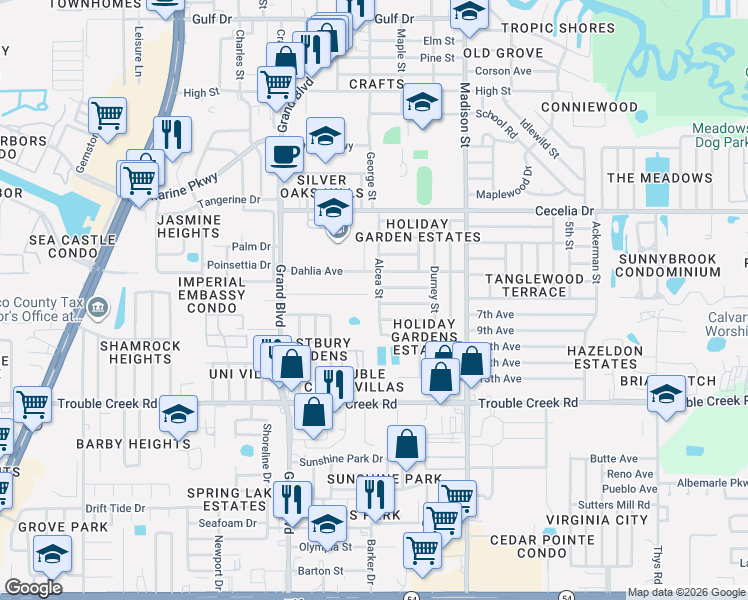 map of restaurants, bars, coffee shops, grocery stores, and more near 5746 Friedly Avenue in New Port Richey