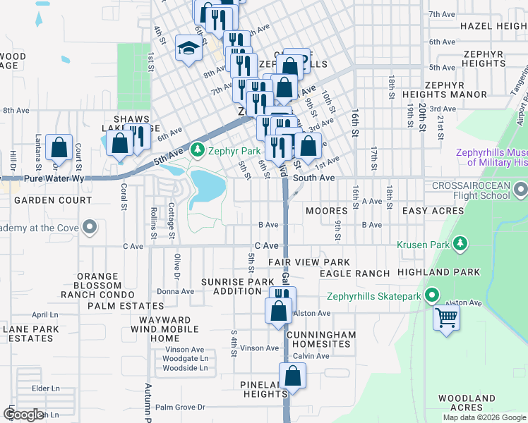 map of restaurants, bars, coffee shops, grocery stores, and more near 4829 6th Street in Zephyrhills