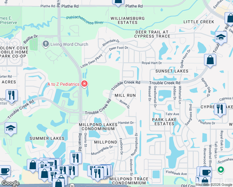 map of restaurants, bars, coffee shops, grocery stores, and more near 4866 Mill Run Drive in New Port Richey