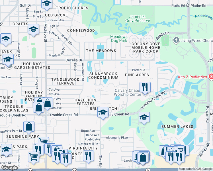 map of restaurants, bars, coffee shops, grocery stores, and more near 6532 Spring Flower Drive in New Port Richey