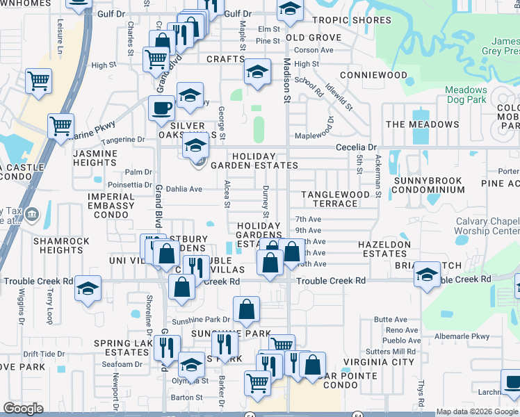 map of restaurants, bars, coffee shops, grocery stores, and more near 5836 Friedly Avenue in New Port Richey