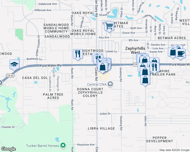 map of restaurants, bars, coffee shops, grocery stores, and more near 4851 Coats Road in Zephyrhills