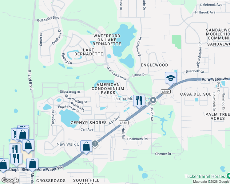 map of restaurants, bars, coffee shops, grocery stores, and more near 4978 Britni Way in Zephyrhills