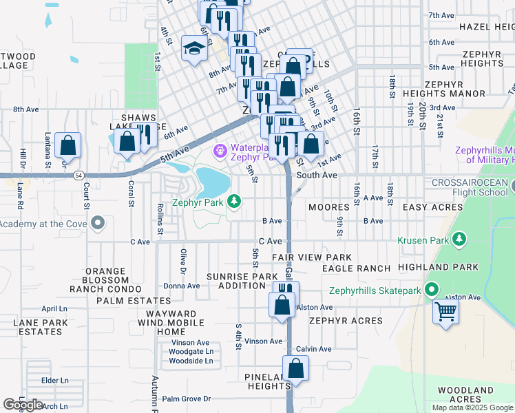 map of restaurants, bars, coffee shops, grocery stores, and more near 4846 5th Street in Zephyrhills