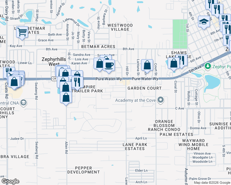 map of restaurants, bars, coffee shops, grocery stores, and more near 37402 Hammond Drive in Zephyrhills