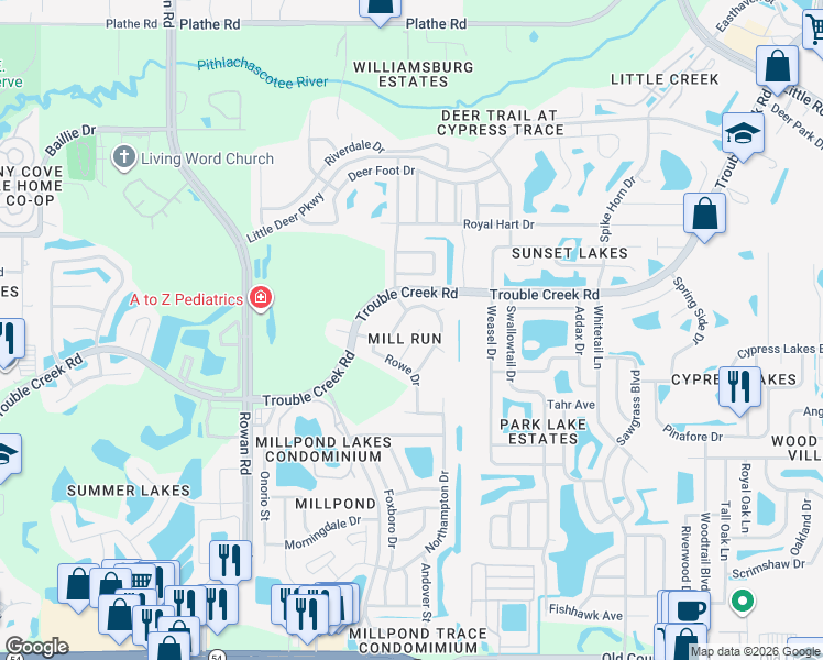 map of restaurants, bars, coffee shops, grocery stores, and more near 4745 Meadowsweet Ct in New Port Richey