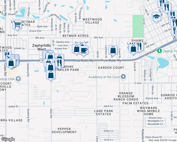 map of restaurants, bars, coffee shops, grocery stores, and more near 37402 Hammond Drive in Zephyrhills