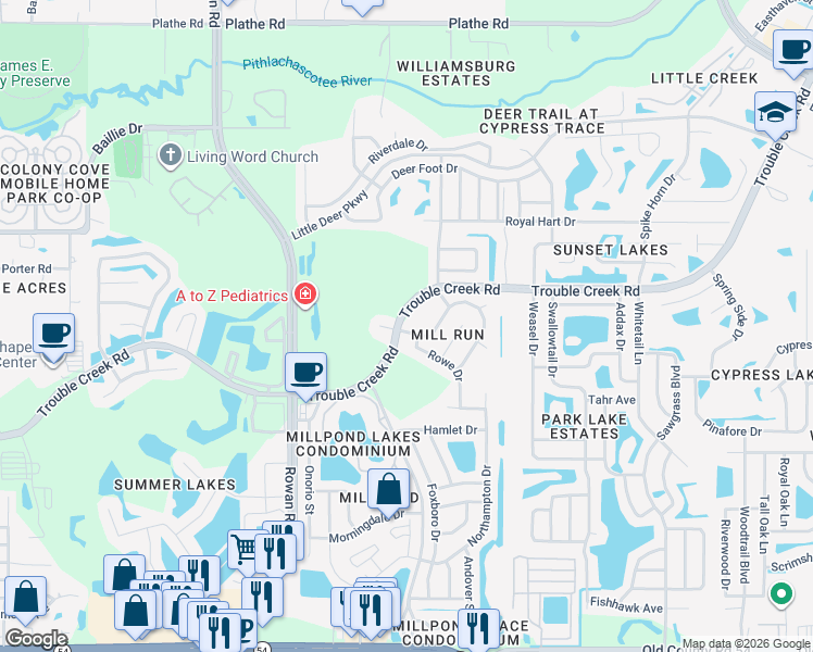map of restaurants, bars, coffee shops, grocery stores, and more near 4866 Mill Run Drive in New Port Richey