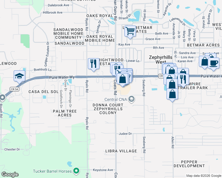 map of restaurants, bars, coffee shops, grocery stores, and more near 4851 Coats Road in Zephyrhills