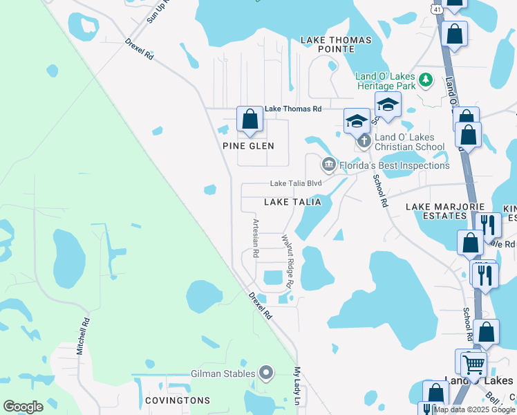 map of restaurants, bars, coffee shops, grocery stores, and more near 4836 Artesian Road in Land O' Lakes