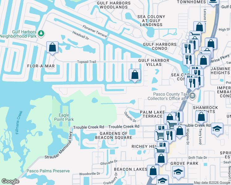 map of restaurants, bars, coffee shops, grocery stores, and more near 4401 Rudder Way in New Port Richey
