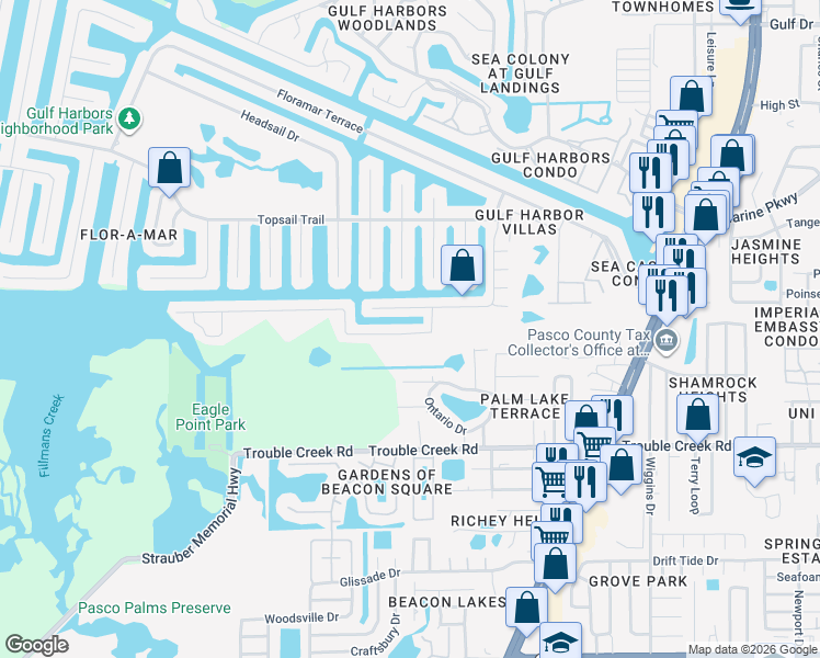 map of restaurants, bars, coffee shops, grocery stores, and more near 4401 Rudder Way in New Port Richey